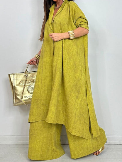 2pcs Olive Green Wide-Leg Pants Set | Vintage-Inspired, Relaxed-Fit Long Coat Paired with High-Waisted Wide-Leg Pants, Perfect for Island Getaways And City Strolls, Suitable for Fall/Winter.