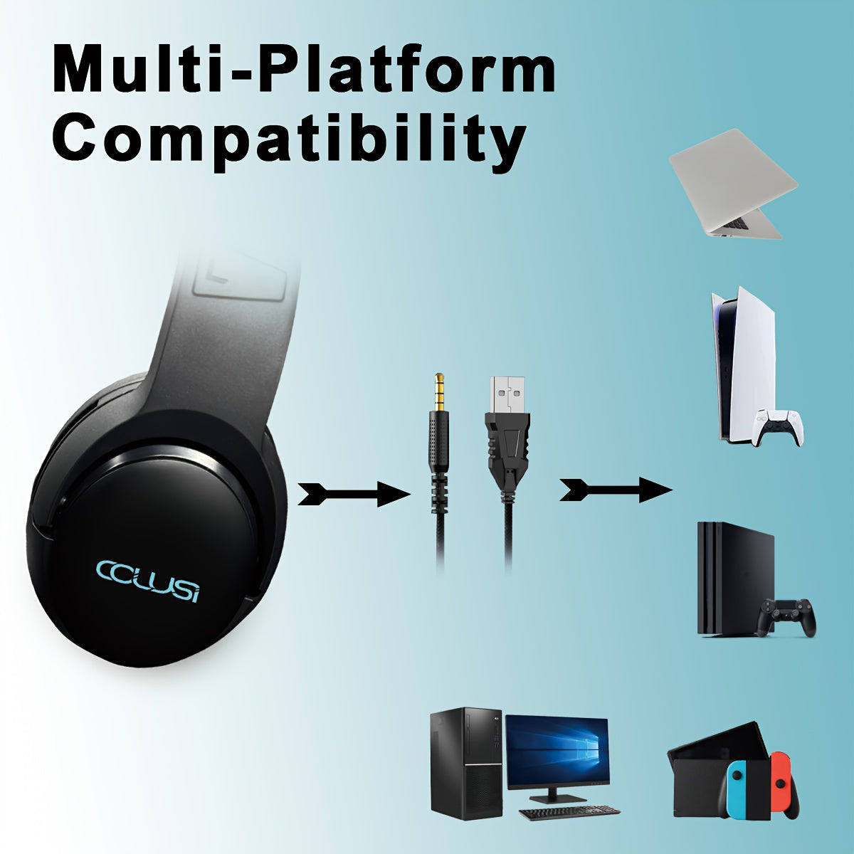 COLUSI C600 Wired Gaming Headset with Hidden-Type Microphone, One Key Mute Over Ear Headphones with 3.5mm Audio Jack RGB Light, Noise Cancelling, Volume Control, Closed-back Design, Compatible With Laptop, Gaming Headset, Lap