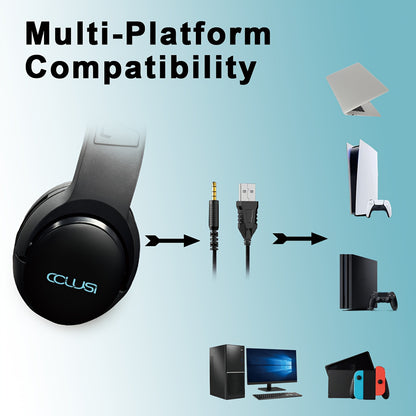 COLUSI C600 Wired Gaming Headset with Hidden-Type Microphone, One Key Mute Over Ear Headphones with 3.5mm Audio Jack RGB Light, Noise Cancelling, Volume Control, Closed-back Design, Compatible With Laptop, Gaming Headset, Lap