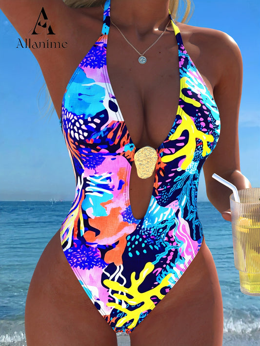 One Piece Floral Print Tie-Neck Backless One-Piece Swimsuit | High Stretch Fabric, Sexy Style by ALLANIME
