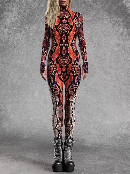 Women's Full-Length Snake Onesie Jumpsuit - Skinny Fit Turtleneck Long Sleeve with Front Zipper Closure, Brown/Black/Golden/Red Realistic Snake Scale Texture, Machine Washable Elastic Costume for Parties, Music Festivals & Wi