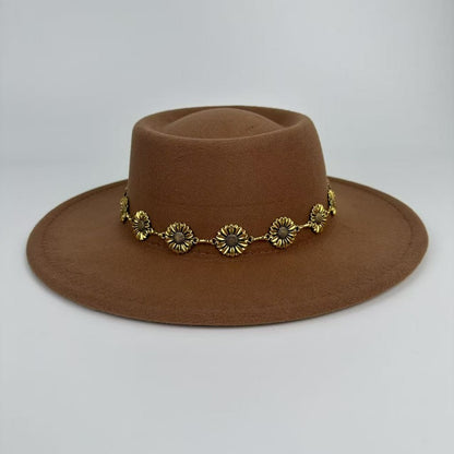 1pc Bohemian-style Unique and Fashionable Felt Hat - Decorated with Exquisite Golden Flower Chain Fedora Hat - Suitable for Daily Street Style, Music Festival Outfits, Bohemian-inspired Looks, Casual Outings and Trendy Season