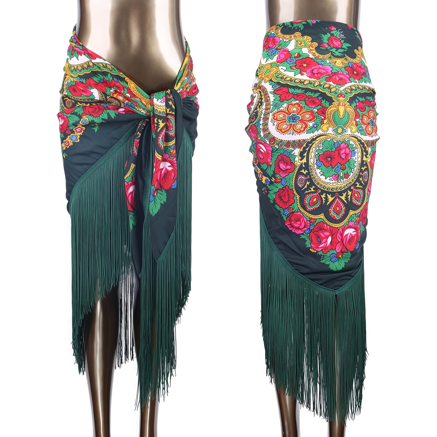 Women'S Luxury Boho Floral Fringe Hip Scarf - Elegant Belly Dance Wrap Skirt & Shawl with Tassel Hem, Vibrant Red Color Options, Multicolor Printed Bohemian Style for Beach, Festival, Party, Travel - Versatile Sarong Cover Up