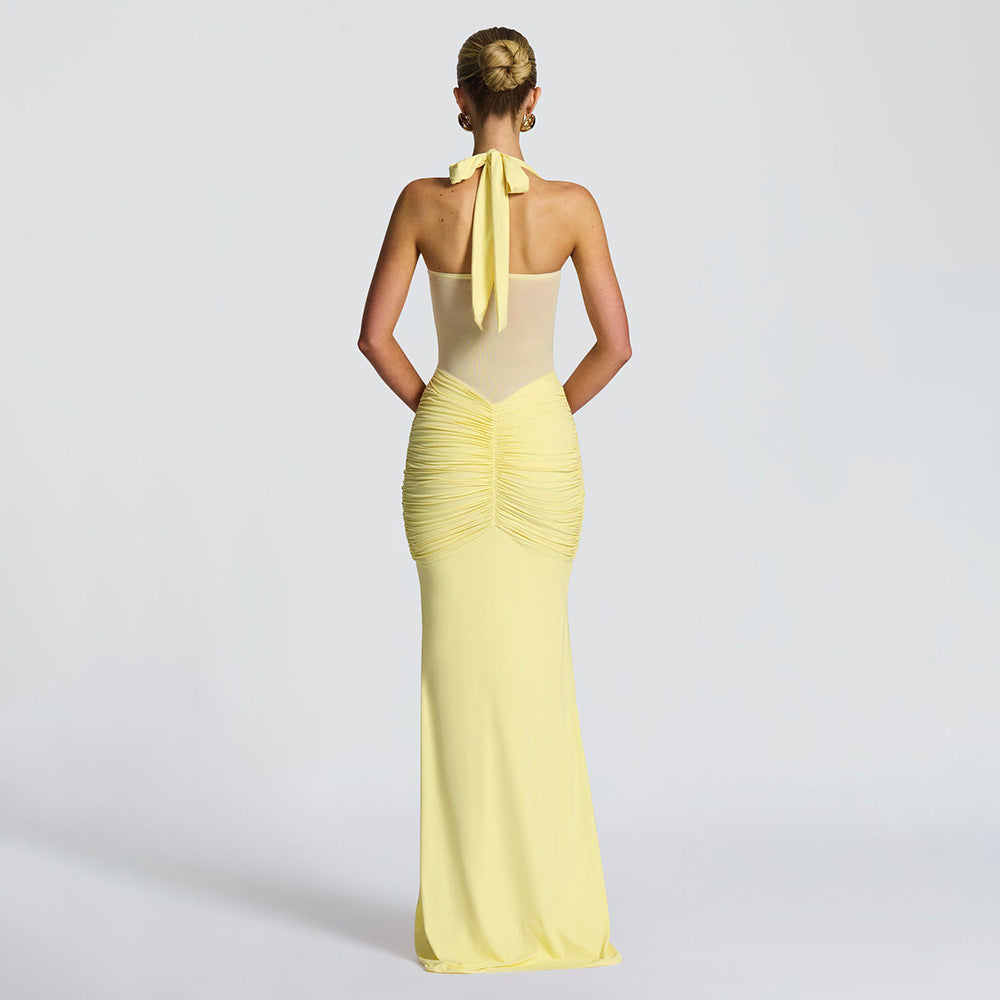 Women's Elegant Ruched Halter Neck Maxi Dress, Slim Fit Summer Party Dress