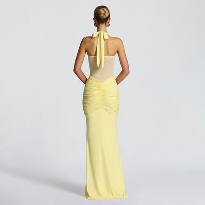Women's Elegant Ruched Halter Neck Maxi Dress, Slim Fit Summer Party Dress