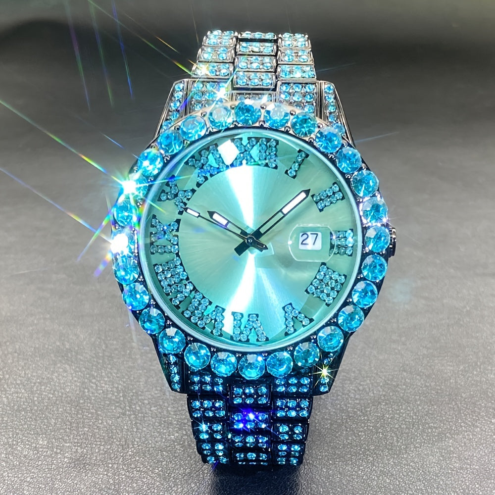 MISSFOX Luxury Rhinestone Couples Watch Compatible for - Ice Blue & Red Luminous Analog/, Calendar Chronograph (No Chronograph), Quartz Movement Wristwatch for Men & Women, Party & Casual Attire - Ideal Gift, Zinc Alloy Case/