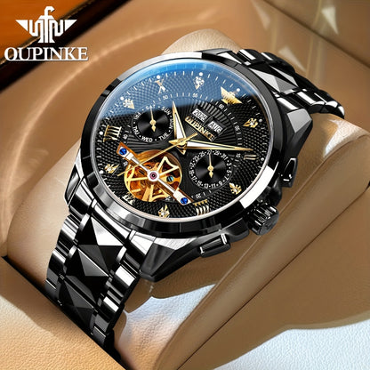 OUPINKE Men's Automatic Mechanical Watch with Dual Calendar (Day/Date), Luminous Hands & Roman Numeral - Luxury Business Watch, Analog Wristwatch with Mechanical Movement, No Required