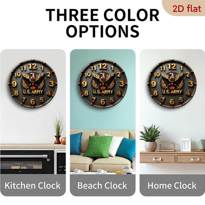 9.8" U.S. Army Silent Wall Clock - 2D Flat Printed Eagle Olive Branch Design, Artificial Wood Quartz Battery Operated (AA), Non-Luminous Military-Themed Home Decor for Living Room, Bedroom, Coffee Area, Clock for Living Room,