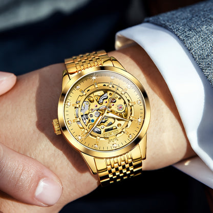 OLEVS Men'S Luxury Skeleton Watch - Automatic Mechanical Self-Winding, Luminous Hands & Double-Sided Openwork Case, Stainless Steel Business Chronograph Watch with Exposed Movement, No Battery/Electricity-Free Operation for F