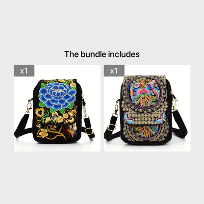 Women's Embroidered Crossbody Bag, Mini Shoulder Bag, Portable Double-Layer Wallet, Phone Pouch