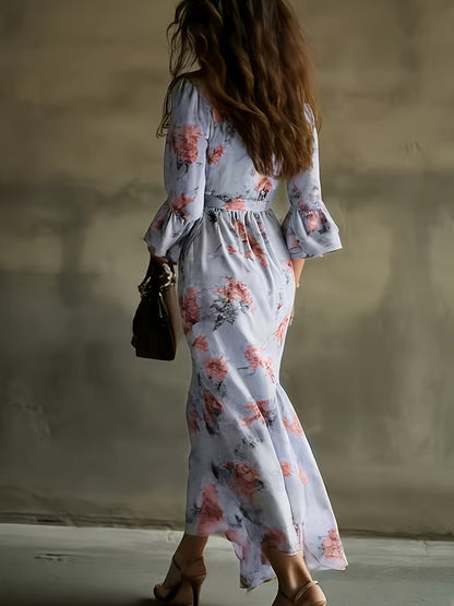 Bohemian Floral V-Neck Maxi Dress - Lightweight Chiffon Sundress Featuring a Stylish High Slit, Perfect for Festivals Or Beach Cover-Ups, with a Flowing Hem Ideal for Music Festivals And Holidays