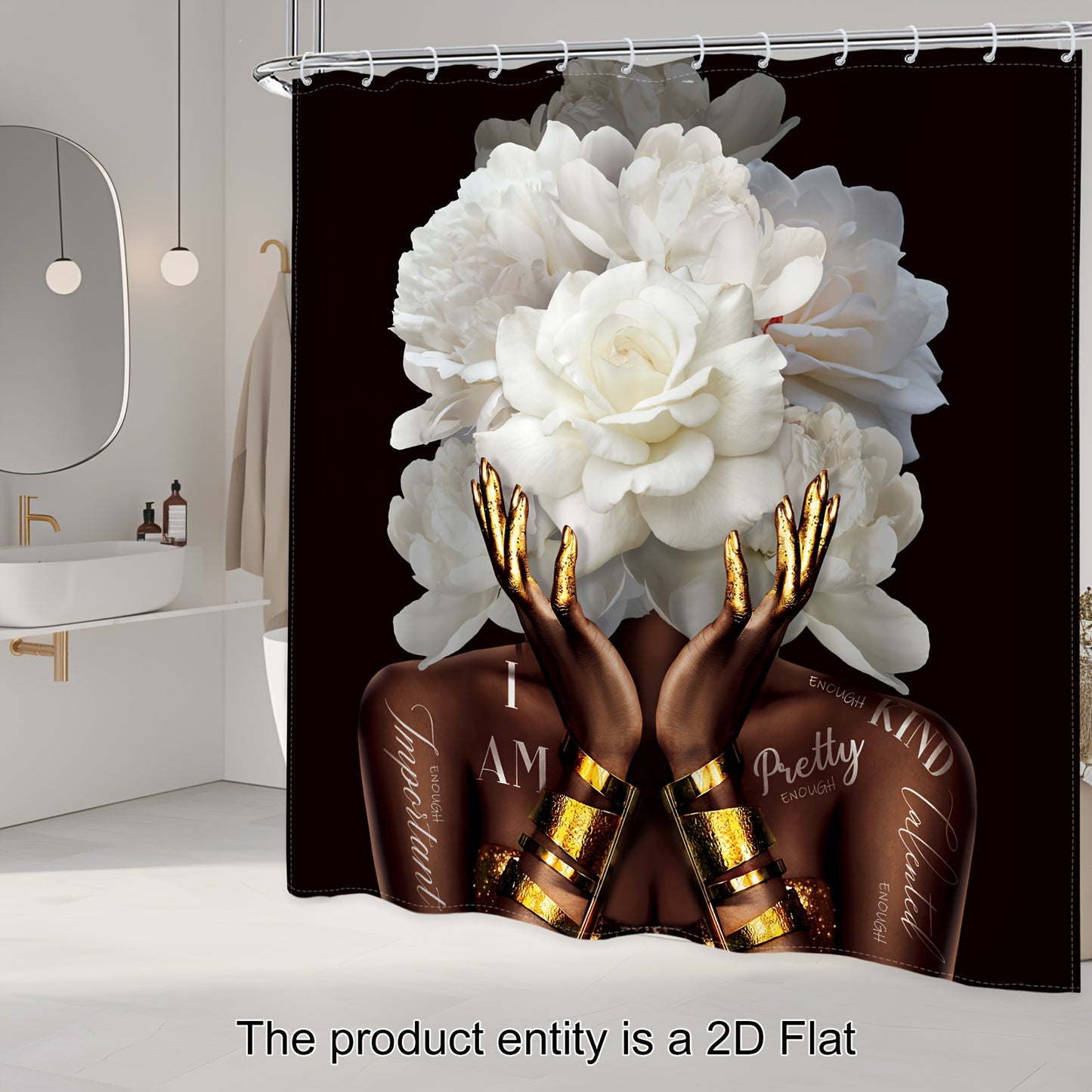 1pc or 4pcs African American Woman Floral Shower Curtain Set with 12 Hooks - Modern Black & White Peony Flower Design, Empowering "I Am Beautiful" Quote Bathroom Decor, Non-Slip Bath Mat, U-Shaped Toilet Mat & Cover Mat - Mac