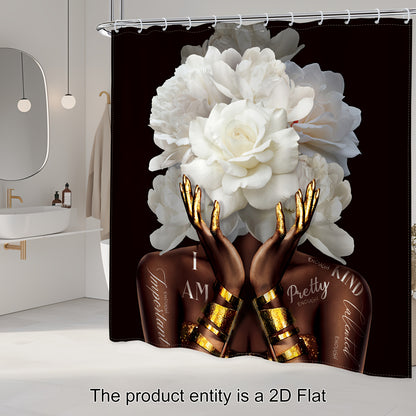 1pc or 4pcs African American Woman Floral Shower Curtain Set with 12 Hooks - Modern Black & White Peony Flower Design, Empowering "I Am Beautiful" Quote Bathroom Decor, Non-Slip Bath Mat, U-Shaped Toilet Mat & Cover Mat - Mac