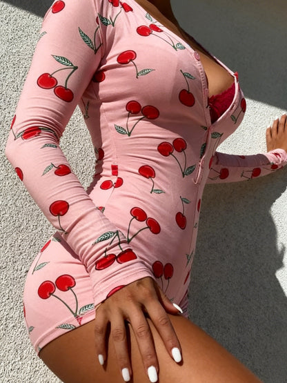 All-Over Print Long Sleeve Jumpsuit, Spring Summer Home Lounge Wear with Comfortable Design, Cozy Sleepwear for Seasonal Wear, Soft Loungewear Collection, Women's Sleepwear