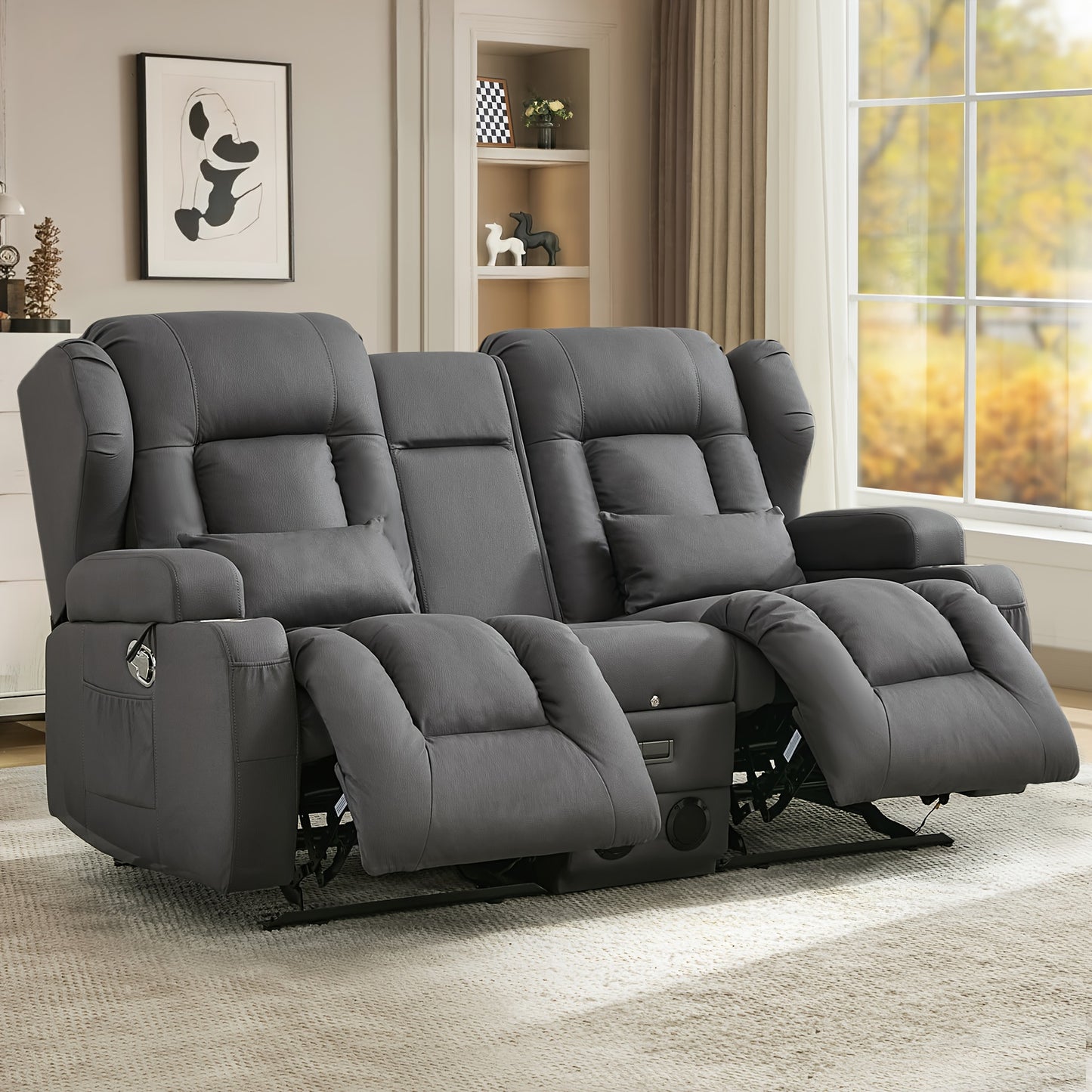 68" Rocker Recliner Loveseat Sofa with Console - Manual Reclining Rocking Chair, Faux Leather, USB Outlets & Side Pockets, Metal Frame, 110-240V Plug Powered