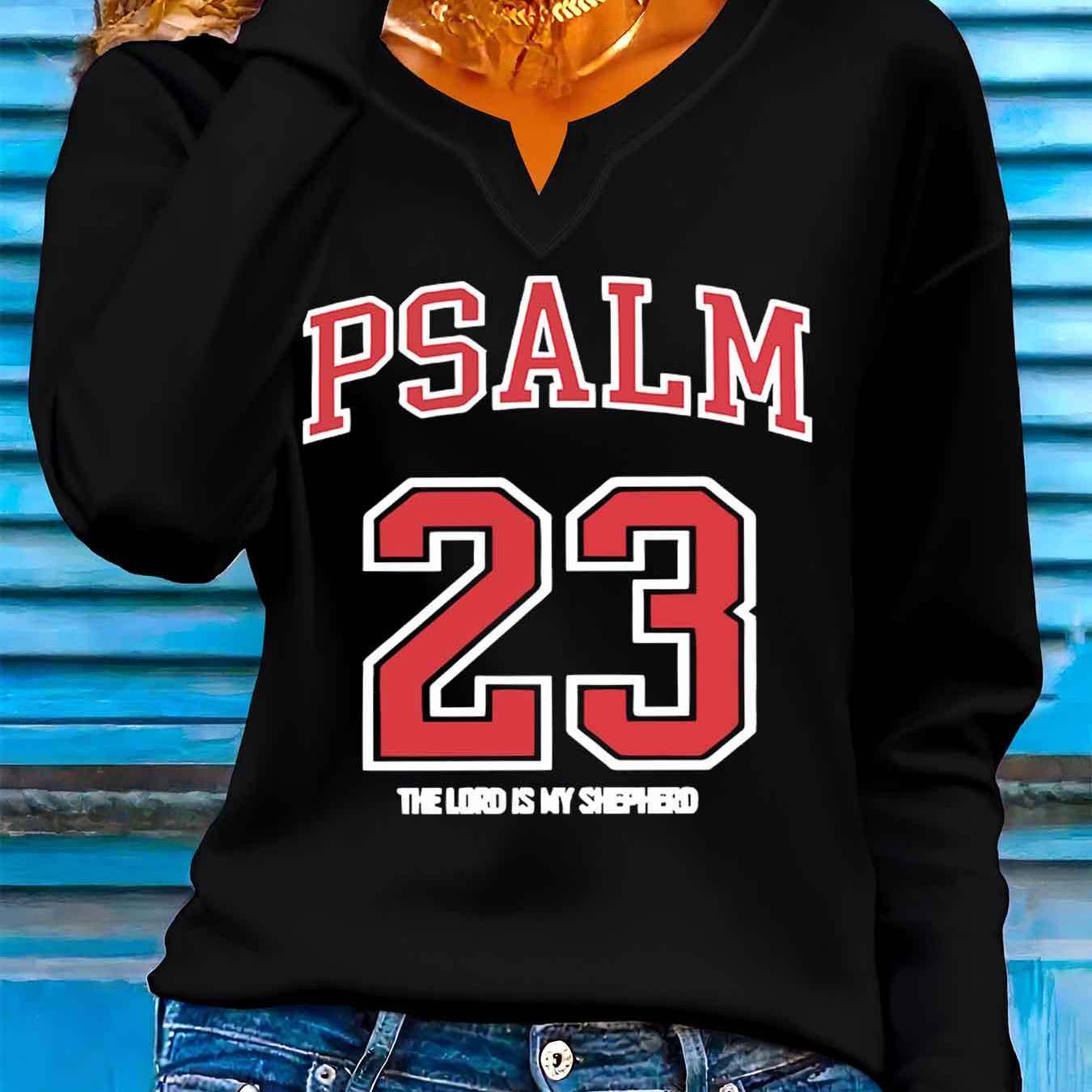 Women'S Slim-Fit V-Neck Long Sleeve T-Shirt with Bold Red "PSALM 23" Graphic Print - Casual Chic Top for Spring/Summer/Fall, Spring Summer Apparel | Vneck Tshirt | Stylish Casualwear, Ladies T Shirts
