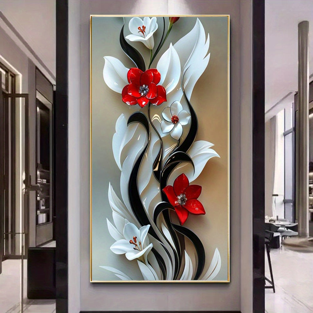 DIY 5D Diamond Painting Set, Various Sizes 50*100cm 19.68*39.37inch; 60*120cm 23.62×47.24inch, Black and White Flower Decorated Red and White Theme. Suitable for Home and Office Decoration. Full Diamond Canvas Art Furniture