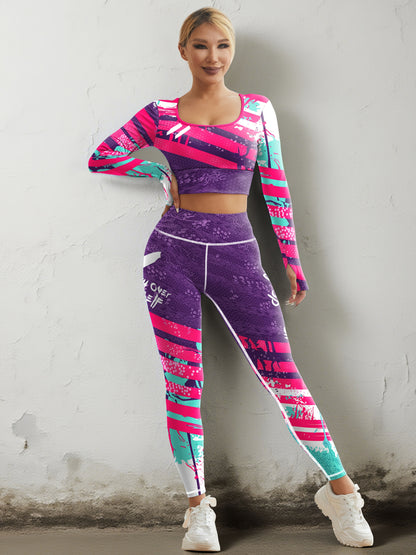 2 Women's U-neck Sports Long-sleeved Suits, Fashion Printed Polyester And Spandex, High-elastic Sportswear Tops And High-waist Leggings, Long-sleeved Short Tops with Elastic Waist Pants, Suitable for Training And Running Fitn