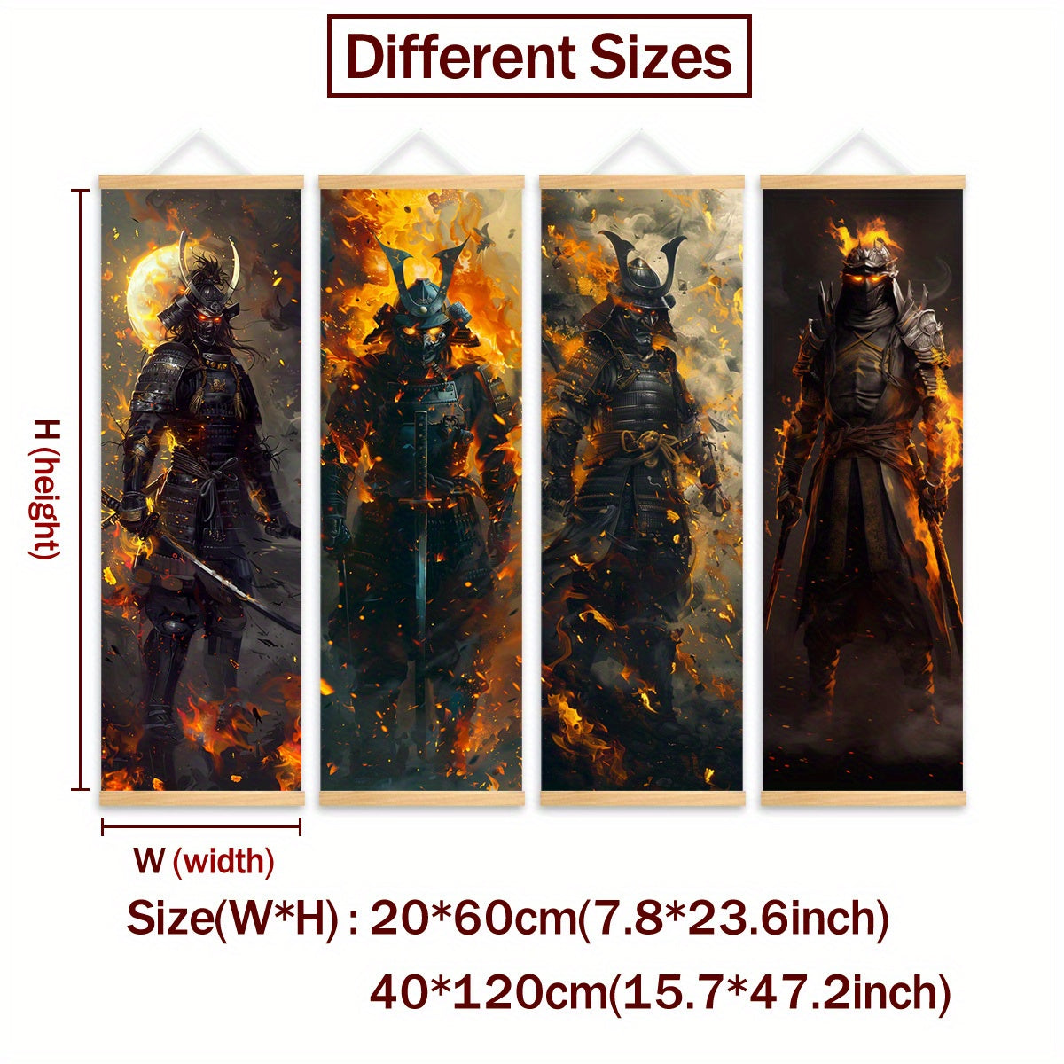 4pcs Unframed Dynamic Flaming Samurai Canvas Posters - Japanese Ukiyo-e Art Style, Odorless & HD, Ideal for Gaming Room/Living Room Decor, Perfect Gift for Japanese Culture Enthusiasts, Indoor Wall Art, Living Room Decor | Sa