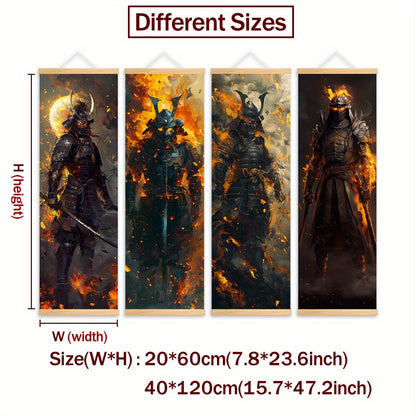 4pcs Unframed Dynamic Flaming Samurai Canvas Posters - Japanese Ukiyo-e Art Style, Odorless & HD, Ideal for Gaming Room/Living Room Decor, Perfect Gift for Japanese Culture Enthusiasts, Indoor Wall Art, Living Room Decor | Sa