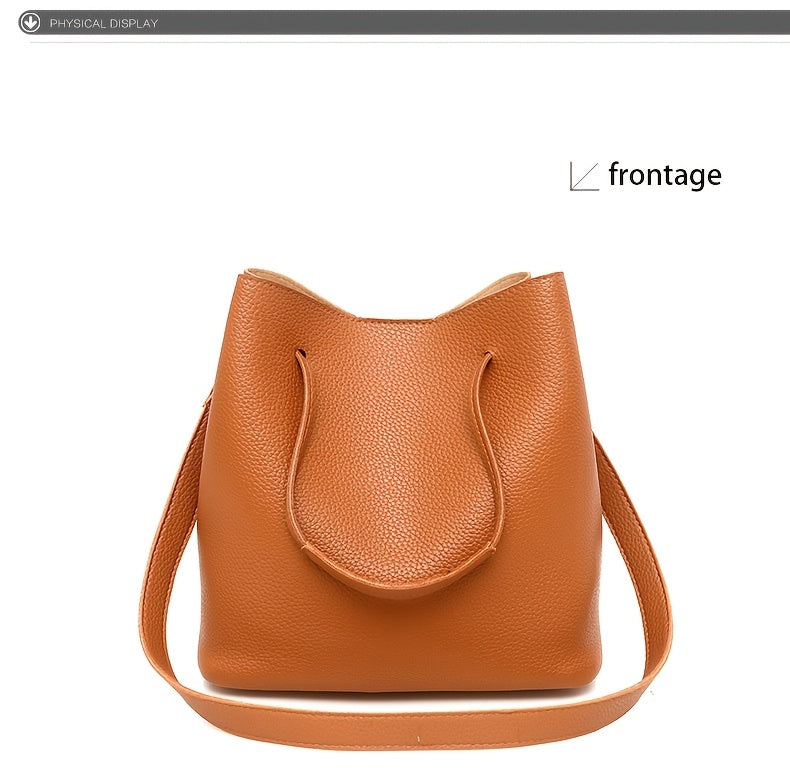 New 4pc Large Capacity Leather Handbag Solid Color Lychee Texture Shoulder Bag Bucket Bag Purse