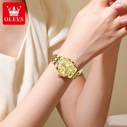 OLEVS Women'S Stainless Steel Automatic Mechanical Watch with Luminous Hands & Chronograph - Golden-Tone Elegant Round Watch, High Quality (Not), Luxury Analog Wristwatch for Women, No Battery/Easy Maintenance, Durable Everyd