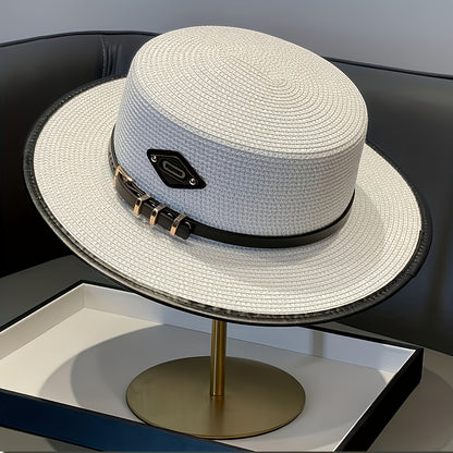 French Retro British Summer Flat Brim Hat - Adjustable Unisex Outdoor Wide Brim Hat with Decorative Buckle and Black Ribbon, Fashionable Sun Hat for Men and Women | Elegant Accessories | Exquisite Weaving, Stylish Headwear, C