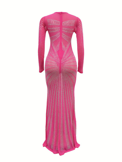 Long Sleeve Maxi Dress - Elegant Sheer Mesh with Rhinestone Detail - Bodycon Fit for Women - Perfect for Spring/Summer/Fall
