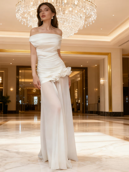 Women'S Elegant Off-the-Shoulder Mermaid/Trumpet Mermaid Long Formal Dress - Sexy Sleeveless A-Line Tulle Evening Gown with Keyhole Neckline, Solid White Floor-Length Wedding & Banquet Dress for Prom, Gala, Special Occasions