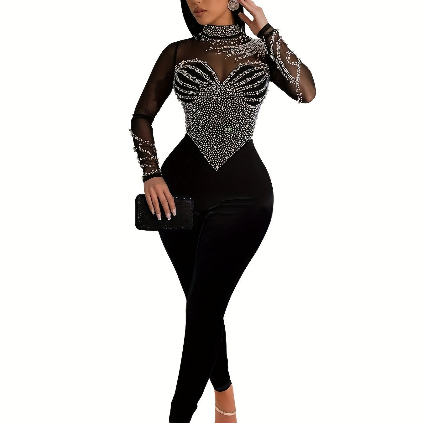 Elegant Women'S Black Jumpsuit with Pearl And Rhinestone Embellishments, Featuring Sheer Mesh Long Sleeves for Evening Events