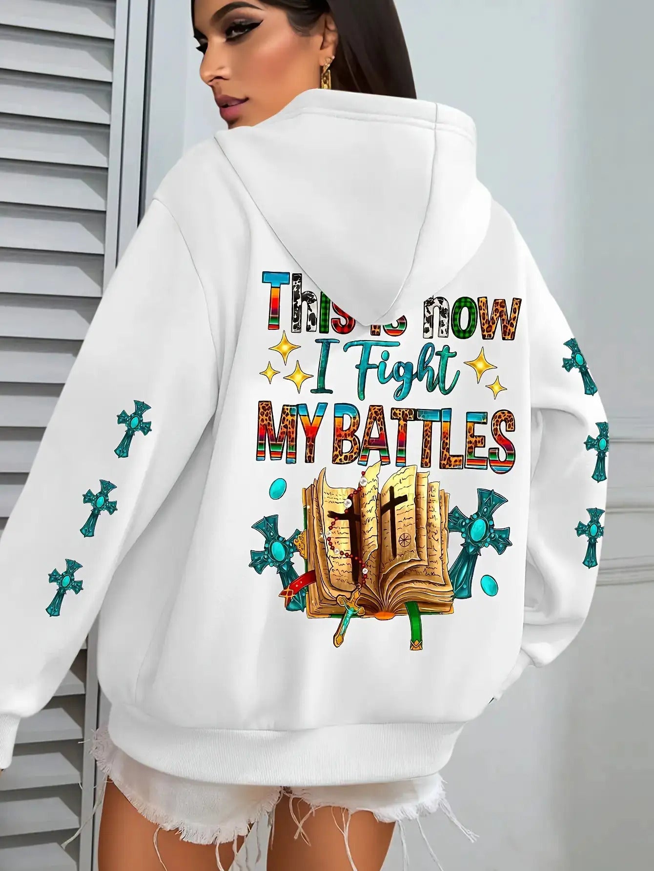 Women's Christian Bible Verse Hooded Sweatshirt "This Is How I Fight My Battles" with Cross & Prayer Hands Print - Winter Warm Hoodie, Long Sleeve Religious Apparel for Church, Prayer Meeting & Christmas (Gray) - Casual Faith