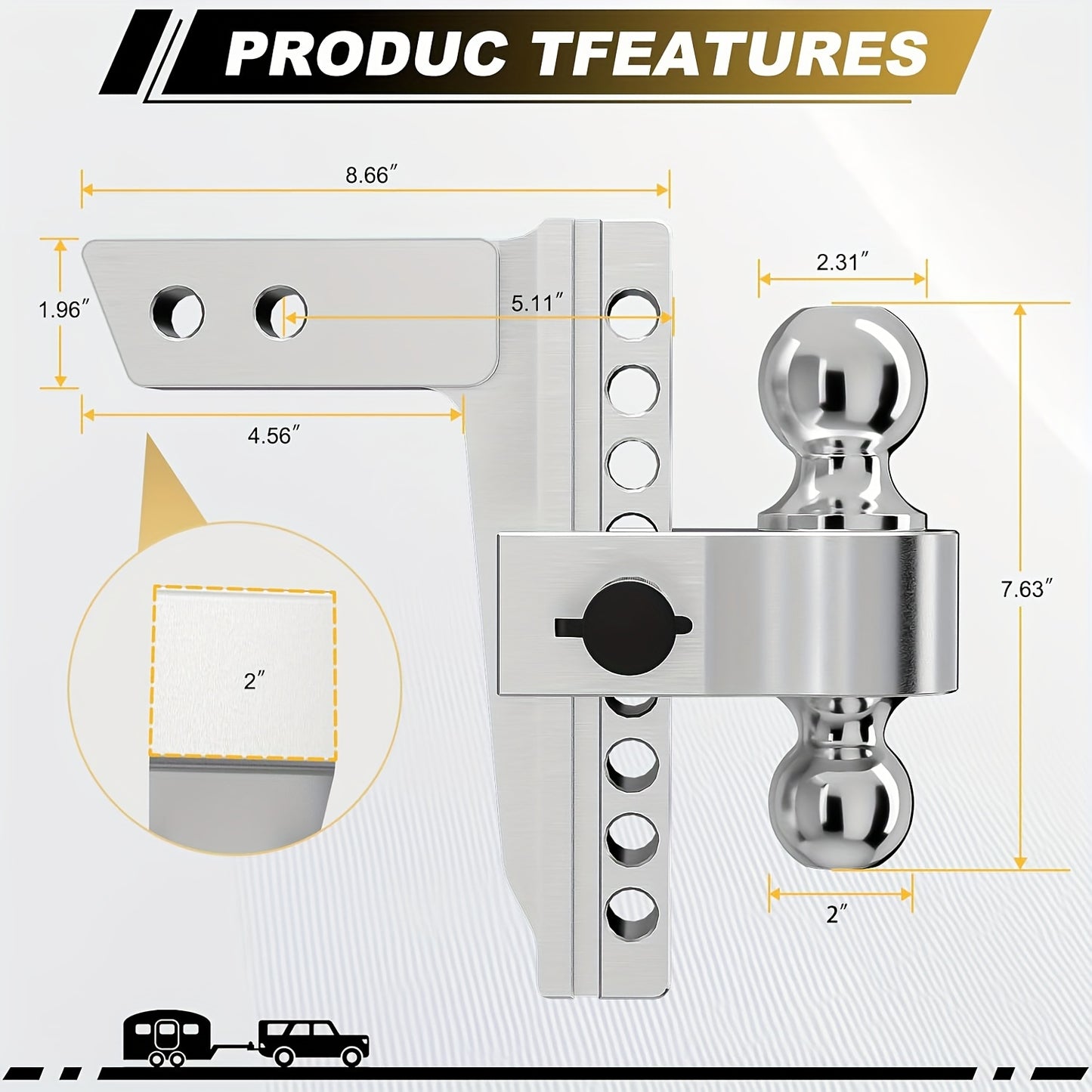 Adjustable Trailer Hitch Fits 2-Inch Receiver, 6/8Inch Drop Hitch Heavy Duty Aluminum Drop Hitch | Tri-Ball (1-7/8" X 2" X 2-5/16") With Dual Pin Key Locks And 15000 LBS GTW-Truck Trailer Hitch, Heavy Duty Solid Ball Mount, S