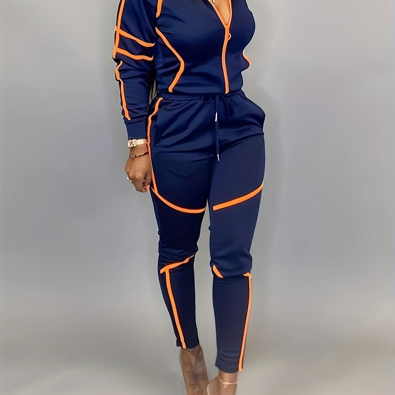 Contrast Trim Casual Spring & Fall Two-piece Set, Zip Front Long Sleeve Top & Slim Pants Outfits, Women's Clothing