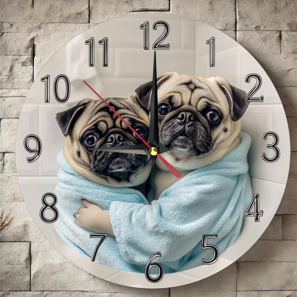 [Silent Operation] Charming Pug-Themed Silent Wooden Wall Clock - Farmhouse Style Round Clock with Adorable Pug Design, Easy-to-Read Numbers, No Ticking Sound, Perfect for Kitchen, Bedroom, or Office Decor, 9.8x9.8 Inches (Ba