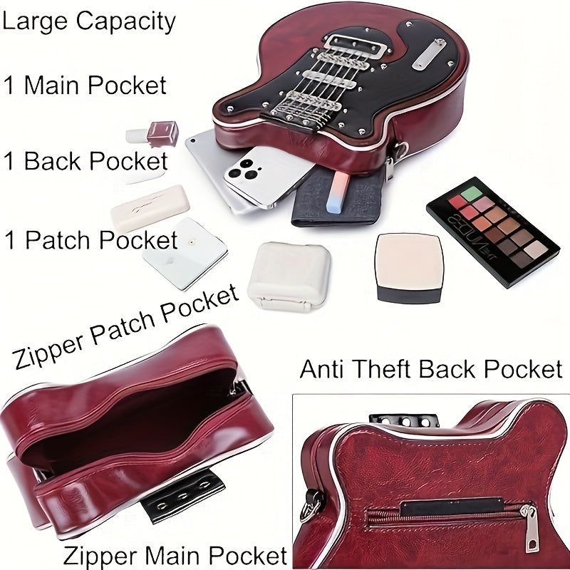 Creative Guitar-Shaped Crossbody Bag - High-Quality with Adjustable & Detachable Strap (35.4"-62.2"), Zipper Closure, Spacious Compartment & Hidden Pockets - Retro Unisex Design for Daily Use, Concerts, Travel - Olive/Red/Blu