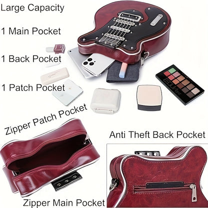 Creative Guitar-Shaped Crossbody Bag - High-Quality with Adjustable & Detachable Strap (35.4"-62.2"), Zipper Closure, Spacious Compartment & Hidden Pockets - Retro Unisex Design for Daily Use, Concerts, Travel - Olive/Red/Blu