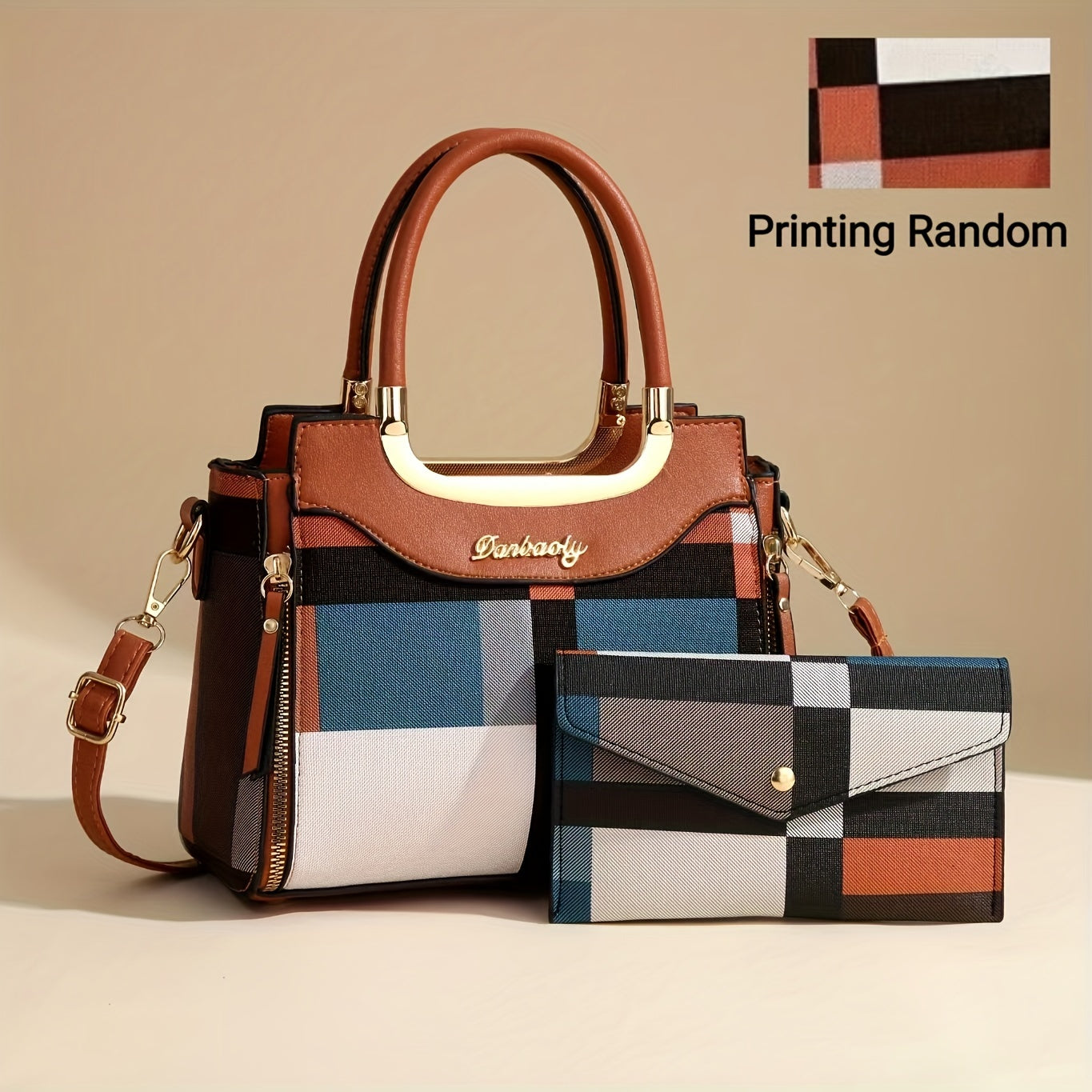 2pcs Set Fashion Plaid Handbag for Women, Zipper Closure, Polyester Lined, Edge Painted, Random Pattern, Versatile Colors - Black, White, Red, Purple, Earthy Yellow