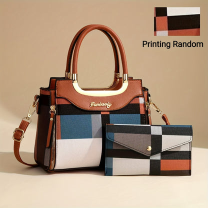 2pcs Set Fashion Plaid Handbag for Women, Zipper Closure, Polyester Lined, Edge Painted, Random Pattern, Versatile Colors - Black, White, Red, Purple, Earthy Yellow