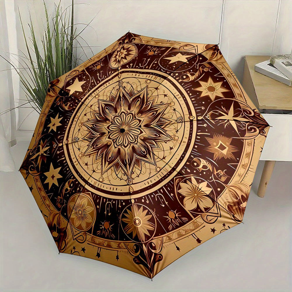 Automatic Folding Umbrella The umbrella features a large, intricate mandala-like star pattern in Golden and brown tones. Portable collapsible design, casual outdoor accessory, Christmas birthday festival gift, Mini Umbrella,