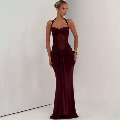 Women's Elegant Ruched Halter Neck Maxi Dress, Slim Fit Summer Party Dress