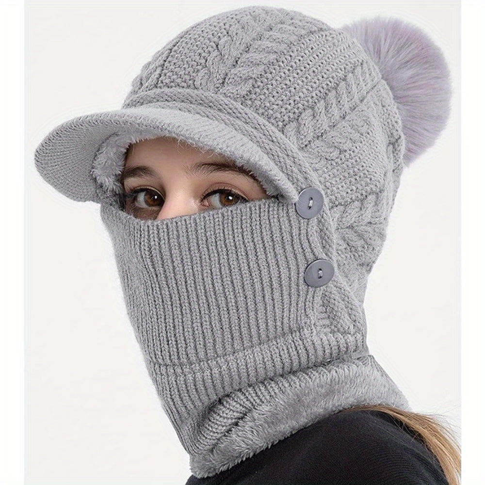 1x Winter Women's Pullover Ear Warmer Hat, Scarf Mask Combo Warm Thick Skull Ski Cap, Head And Neck Warmth, Ear And Face Warmer, Winter Scarf Mask Combo, Ear Warmer Hat, Cable Pattern, Slouchy Fit, Hand Wash Care, Thick Fleec