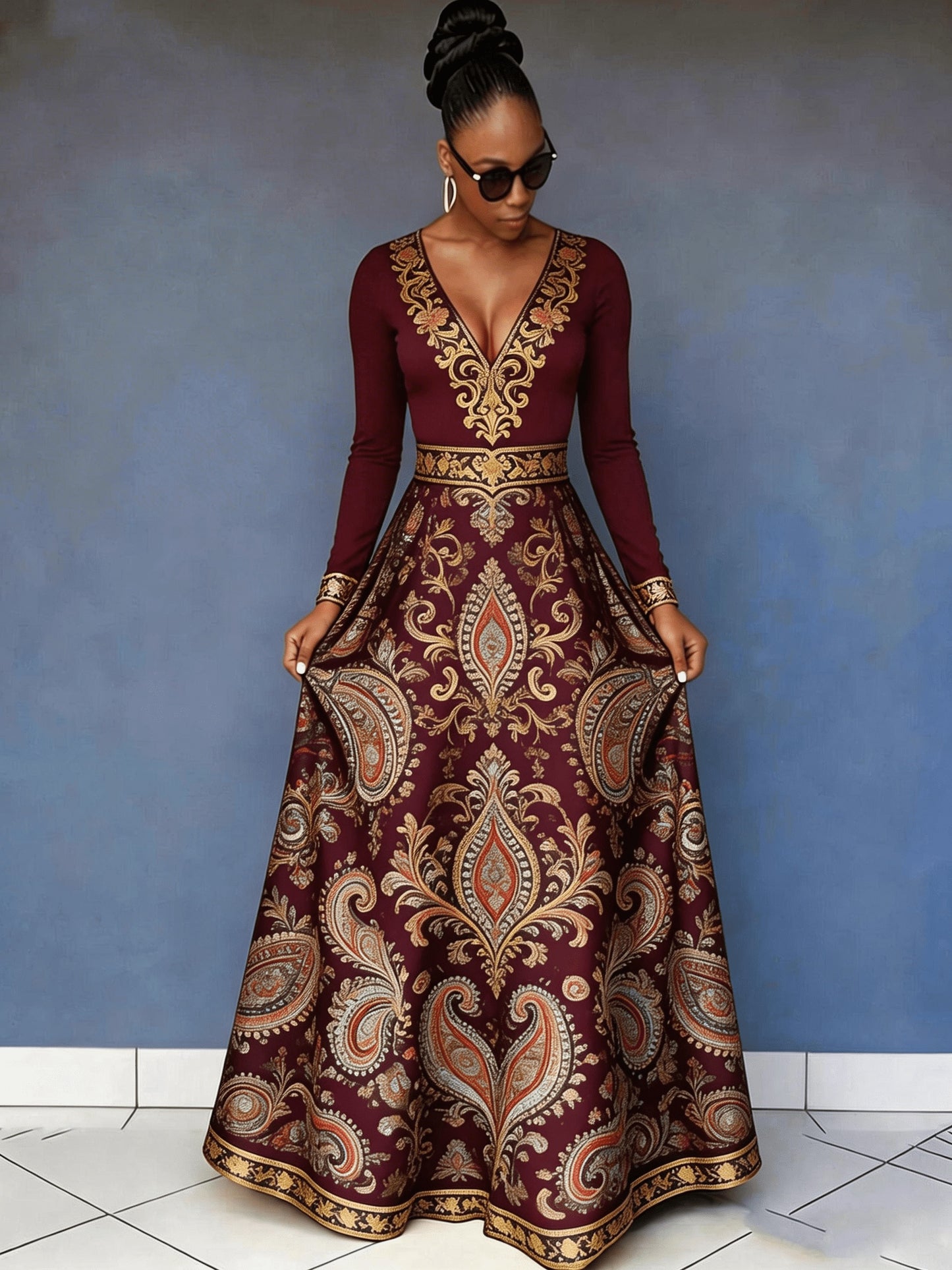 Flower Rich And Luxurious Flower Print Design Women's V-neck Dress with Waist Cinching And Shaping, And Casual Drape, Sexy Charm, Fresh Temperament, Commuting Trend, Elegant Long Skirt, Cocktail Party, High-end Occasion