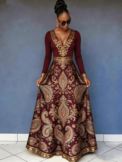 Flower Rich And Luxurious Flower Print Design Women's V-neck Dress with Waist Cinching And Shaping, And Casual Drape, Sexy Charm, Fresh Temperament, Commuting Trend, Elegant Long Skirt, Cocktail Party, High-end Occasion