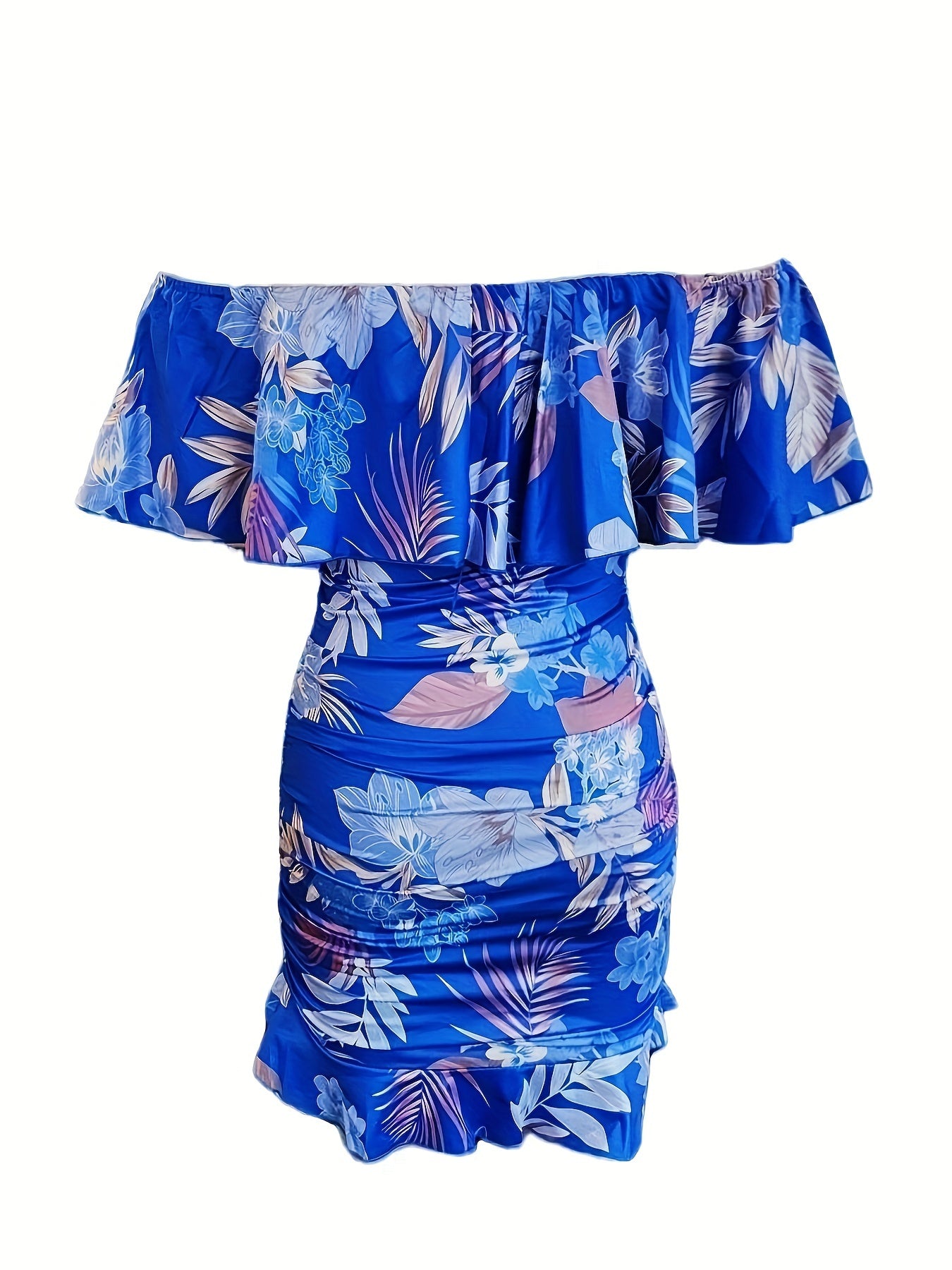 Floral Print Off Shoulder Dress, Sexy Ruched Bodycon Dress For Spring & Summer, Women's Clothing