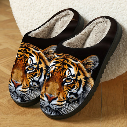 Women's Plush Thickened Winter Slippers with Tiger Face Animal Print - Soft Fabric Indoor House Shoes, Machine Washable Cozy Warmth for Cold Floors, Casual Elegant Design, EVA Cushioned Sole