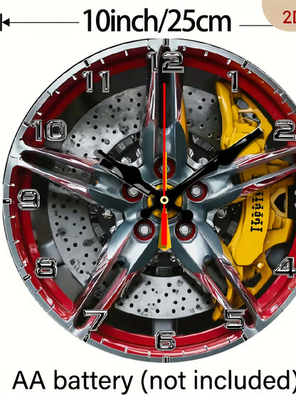 The 2D flat decorative plaque wall clock with the theme of "Exquisite car wheel hub" is equipped with a silent quartz movement. It is an ideal choice for wall decoration and also an excellent gift for birthdays, fireworks, Ch