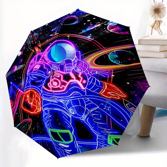 Automatic Open/Close Umbrella with One-Touch Button - Space-Themed Neon Astronaut Design, Compact Folding Umbrella with 8-Rib Strong Frame, Portable for Travel, Everyday Use - Ideal Gift for Astronomy Lovers & Sci-Fi Fans (Pu