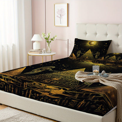 Latacaca 3pcs Golden Egyptian Pyramids Celestial Motif Pattern Fitted Sheet Set, Bedding Set One Fitted Sheet and Two Pillowcases, Pillow Inserts Not Included, Wrinkle Resistant, Fade Resistant, and Machine Washable, A Lightw