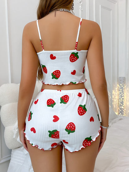 Camisole Romper - Women's Strawberry Love Print - Ruffle Hem with Red Bow