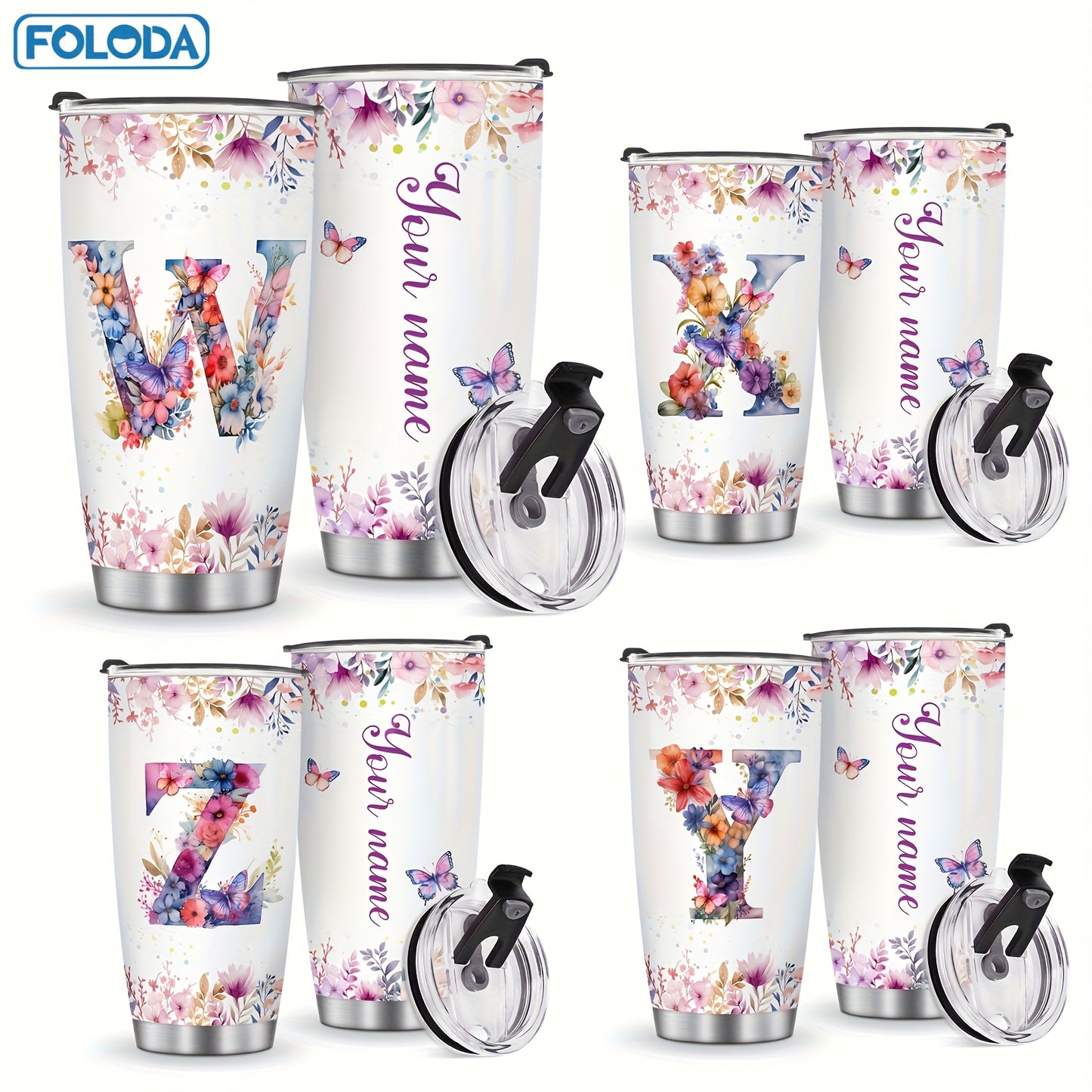 Foloda 1pc Personalized Flower Initials Tumbler Christmas Gift 20oz Mug with Letter Flower Butterfly, Travel Cup for Wedding Birthday Graduation Party, Birthday Valentine's Day Mother's Day Gifts Stainless Steel Mug with Lid